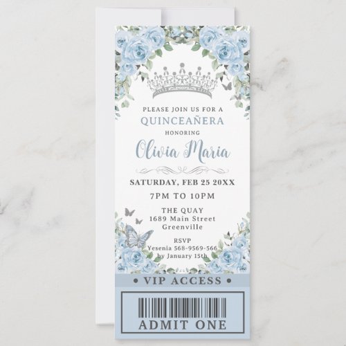 Baby Blue Floral Butterfly Quinceaera VIP Ticket Invitation