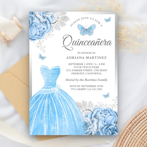 Baby Blue Floral Butterfly Silver Quinceanera Invitation