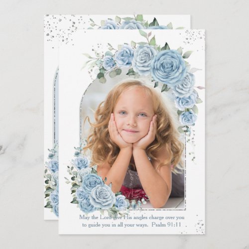 Baby Blue Floral Christening Baptism Photo Arch Invitation