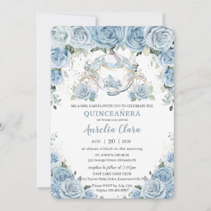Baby Blue Floral Cinderella Coach Quinceañera  Invitation