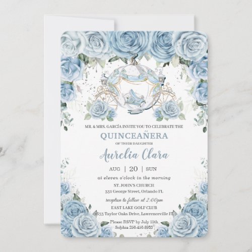 Baby Blue Floral Cinderella Coach Quinceaera  Invitation