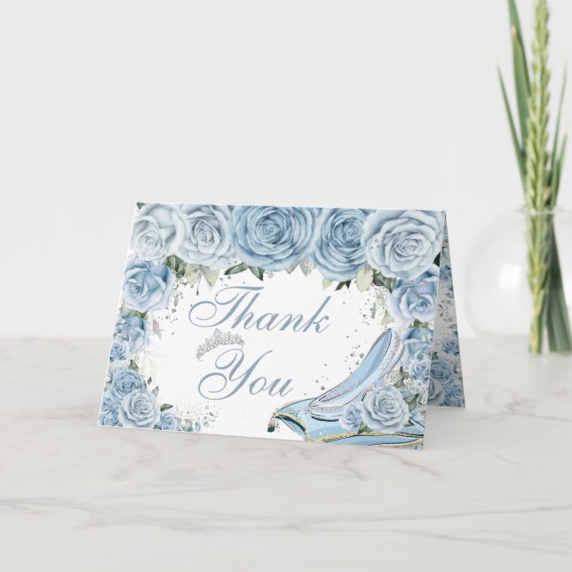 Baby Blue Floral Cinderella Quinceañera Birthday Thank You Card (Front)