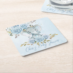 Baby Blue Floral Cute Elephant Baby Shower Square Paper Coaster