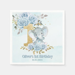 Baby Blue Floral Cute Elephant Boy 1st Birthday Napkins
