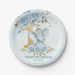 Baby Blue Floral Cute Elephant Boy 1st Birthday Paper Plates