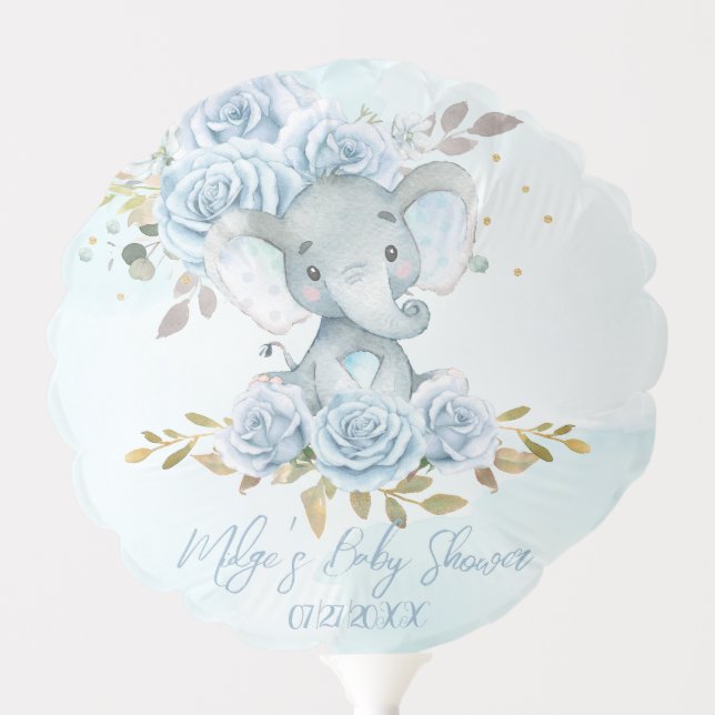 Baby Blue Floral Cute Elephant Boy Baby Shower Balloon (Front)