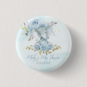 Baby Blue Floral Cute Elephant Boy Baby Shower Button