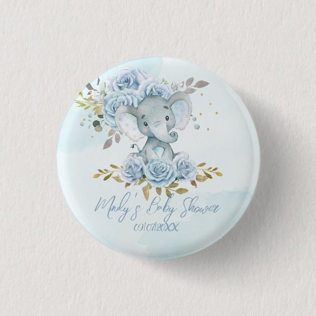 Baby Blue Floral Cute Elephant Boy Baby Shower Button (Front)