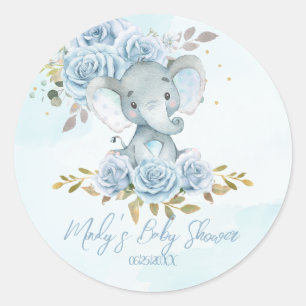 Baby Blue Floral Cute Elephant Boy Baby Shower Cla Classic Round Sticker