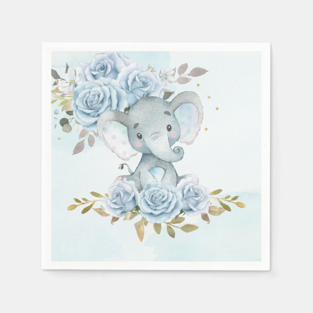 Baby Blue Floral Cute Elephant Boy Baby Shower Napkins (Front)