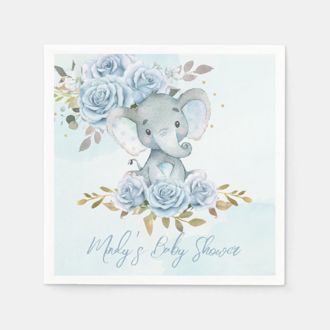 Baby Blue Floral Cute Elephant Boy Baby Shower Napkins (Front)