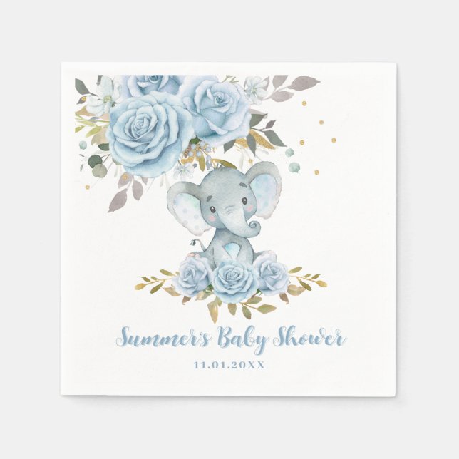 Baby Blue Floral Cute Elephant Boy Baby Shower Napkins (Front)