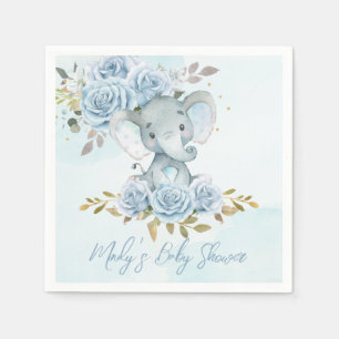 Baby Blue Floral Cute Elephant Boy Baby Shower Napkins