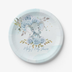Baby Blue Floral Cute Elephant Boy Baby Shower Pap Paper Plates