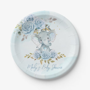 Baby Blue Floral Cute Elephant Boy Baby Shower Paper Plates
