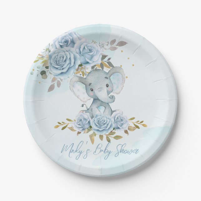 Baby Blue Floral Cute Elephant Boy Baby Shower Paper Plates (Front)