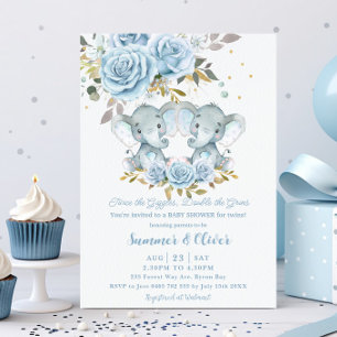 Baby Blue Floral Cute Elephants Twins Baby Shower Invitation