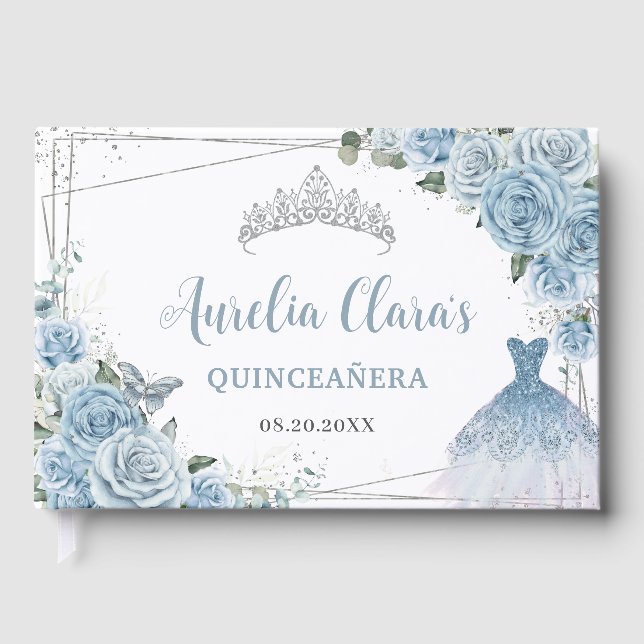 Baby Blue Floral Dress Gown Silver Quinceañera Guest Book (Front)