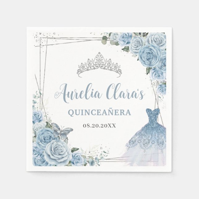 Baby Blue Floral Dress Gown Silver Quinceañera Napkins (Front)