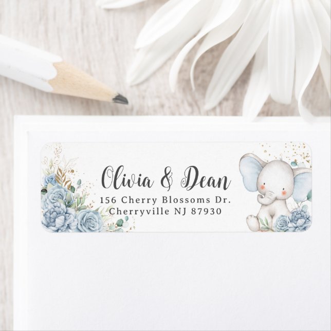 Baby Blue Floral Elephant Boy Baby Shower address Label (Insitu)