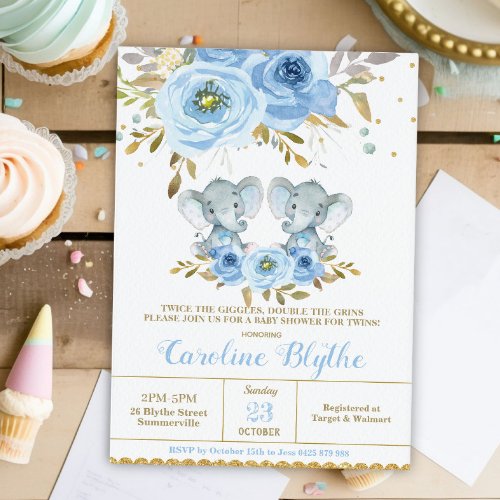 Baby Blue Floral Elephant Twin Boys Baby Shower Invitation