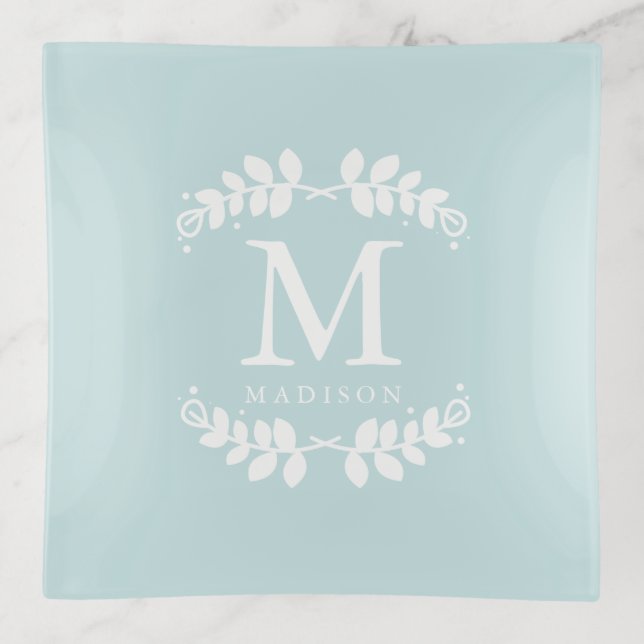 Baby Blue Floral Frame Monogram Trinket Tray (Front)