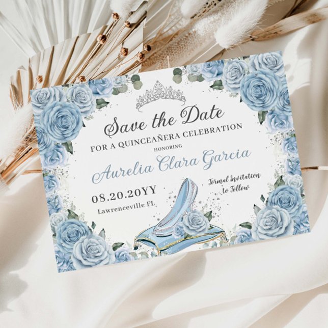 Baby Blue Floral Glass Shoe Quinceañera Sweet 16 Save The Date (Creator Uploaded)