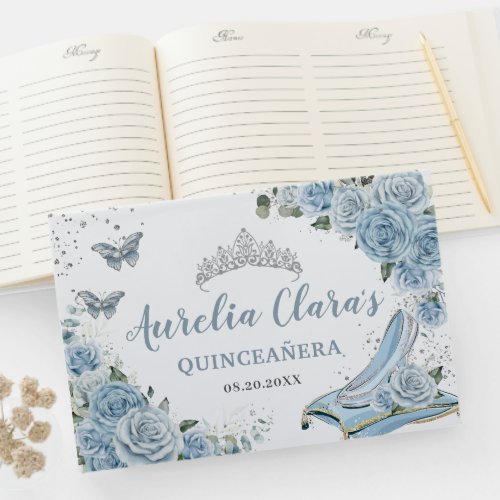 Baby Blue Floral Glass Slipper Quincea&#241;era XV 16 Guest Book