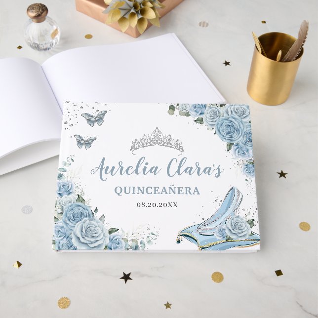 Baby Blue Floral Glass Slipper Quinceañera XV 16 Guest Book (Front Open)