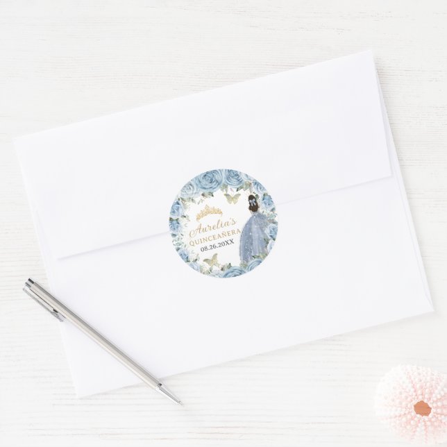Baby Blue Floral Gold Butterflies Princess Dress Classic Round Sticker (Envelope)