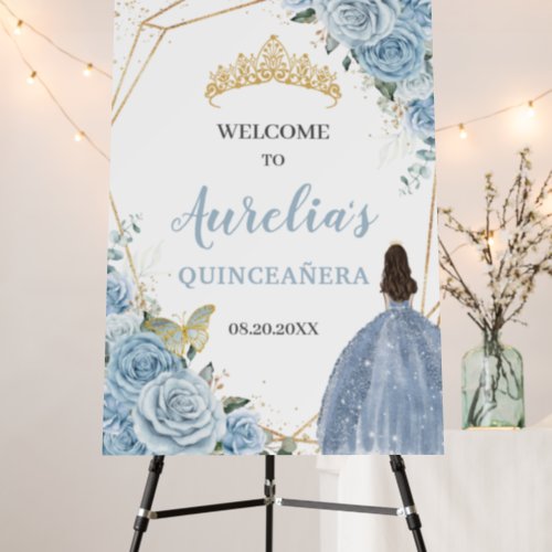 Baby Blue Floral Gold Quinceaera Crown Welcome Foam Board