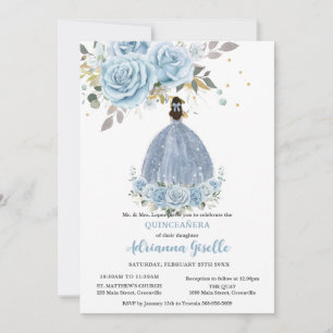 Baby Blue Floral Gold Quinceañera Princess Dress Invitation