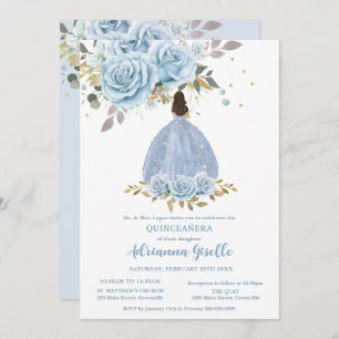 Baby Blue Floral Gold Quinceanera Princess Girl Invitation