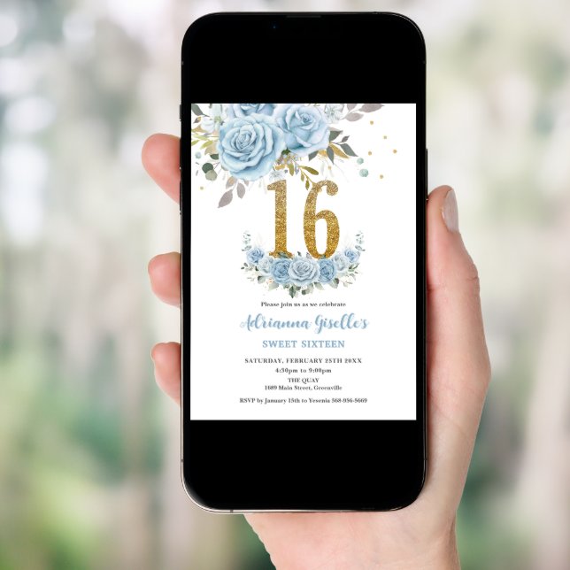 Baby Blue Floral Gold Sweet 16 Sixteen Birthday Invitation (Front Digital)
