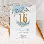 Baby Blue Floral Gold Sweet 16 Sixteen Birthday Invitation<br><div class="desc">Personalize this elegant baby blue floral Sweet 16 birthday invitation with your own wording easily and quickly. Simply click the Edit Using Design Tools button to further edit the text, wording, font style, font size, font color, add more text, move or remove some images. Featuring a beautiful baby blue roses...</div>
