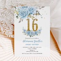 Baby Blue Floral Gold Sweet 16 Sixteen Birthday