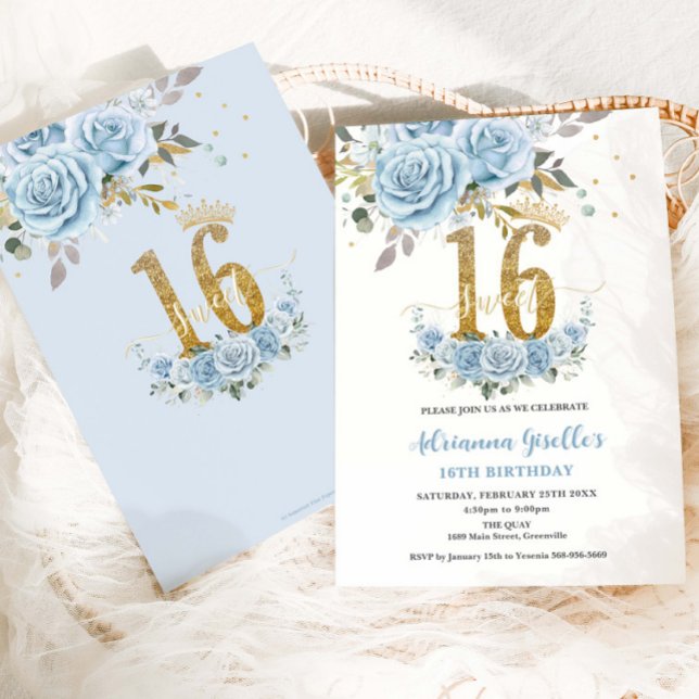Baby Blue Floral Gold Sweet 16 Sixteen Birthday Invitation (Creator Uploaded)