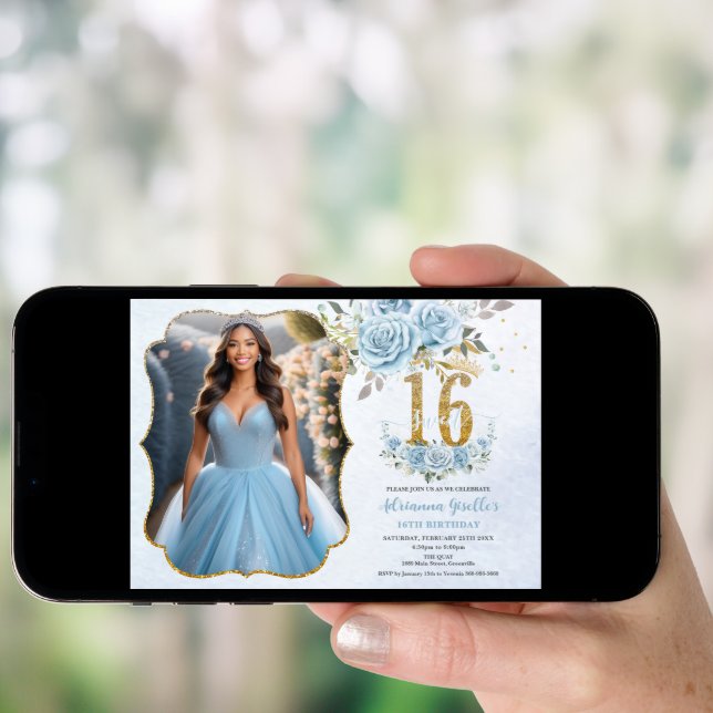 Baby Blue Floral Gold Sweet Sixteen Birthday Photo Invitation (Front Digital)