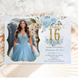 Baby Blue Floral Gold Sweet Sixteen Birthday Photo Invitation<br><div class="desc">Personalize this elegant baby blue floral Sweet 16 birthday photo / picture invitation with your own wording easily and quickly. Simply click the Edit Using Design Tools button to further edit the text, wording, font style, font size, font color, add more text, move or remove some images. Featuring a beautiful...</div>