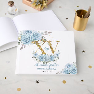 Baby Blue Floral Gold XV Quinceañera Quince 15 Guest Book