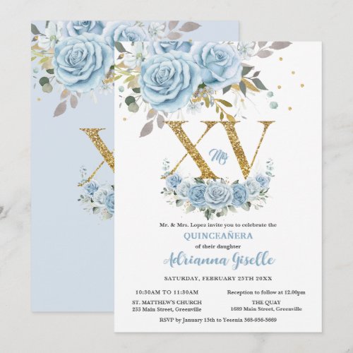 Baby Blue Floral Gold XV Quinceañera Quince 15