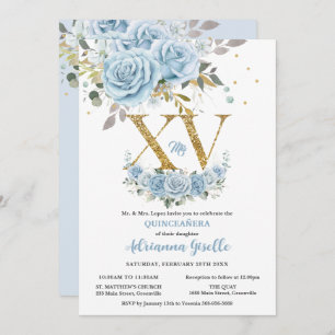 Baby Blue Floral Gold XV Quinceañera Quince 15 Invitation