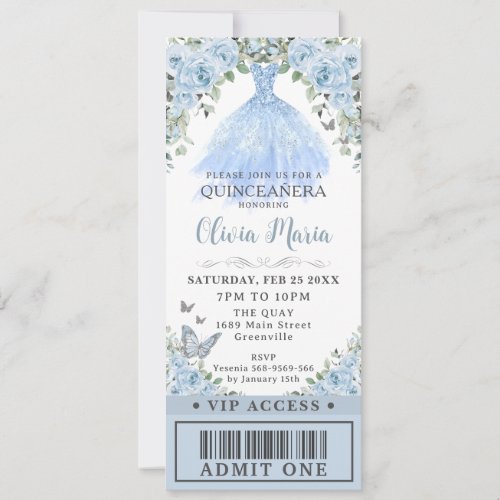Baby Blue Floral Gown Dress Quinceaera VIP Ticket Invitation