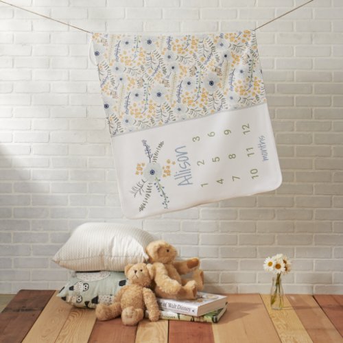 Baby Blue Floral Growth Tracker Milestone Baby Blanket