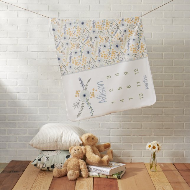 Baby Blue Floral Growth Tracker Milestone Blanket (In Situ)