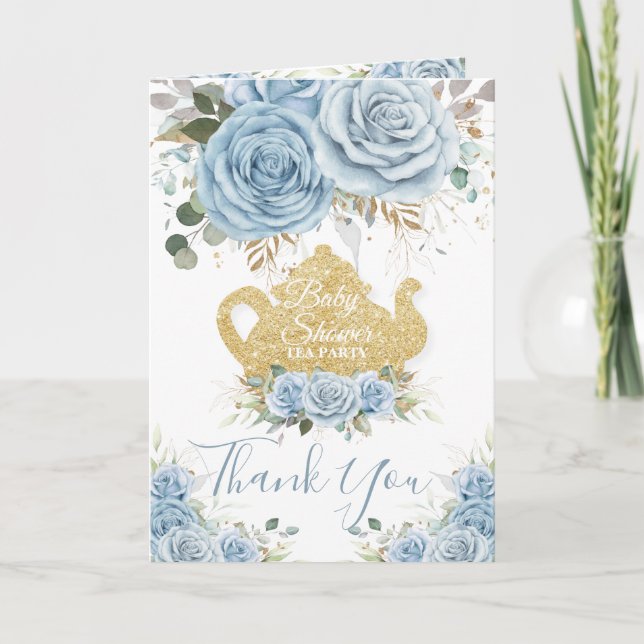 Baby Blue Floral High Tea Party Shower Birthday  Thank You Card (Front)