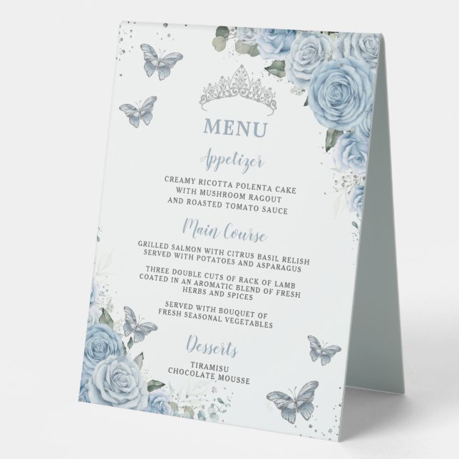 Baby Blue Floral Menu Signature Cocktails Bar XV Table Tent (Front)