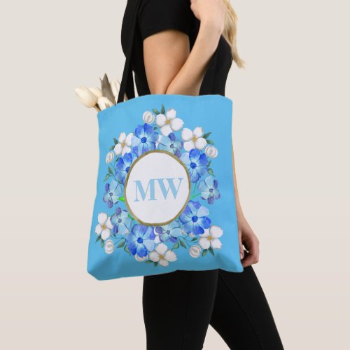 Baby Blue Floral Monogram Modern Minimalist Tote Bag