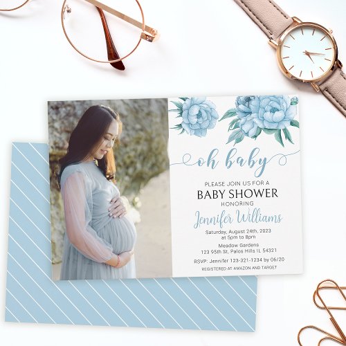 Baby blue floral oh baby boy shower photo invitation