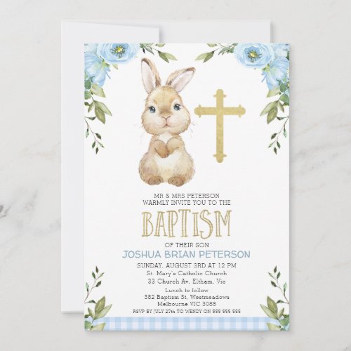 Baby Blue Floral Plaid Bunny Rabbit Baptism Invitation